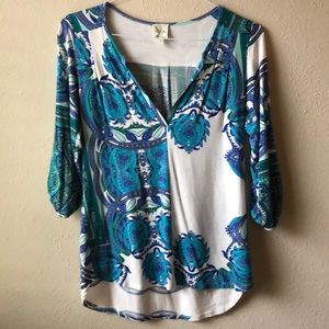 Anthropologie Blue, White and Green Paisley Blouse